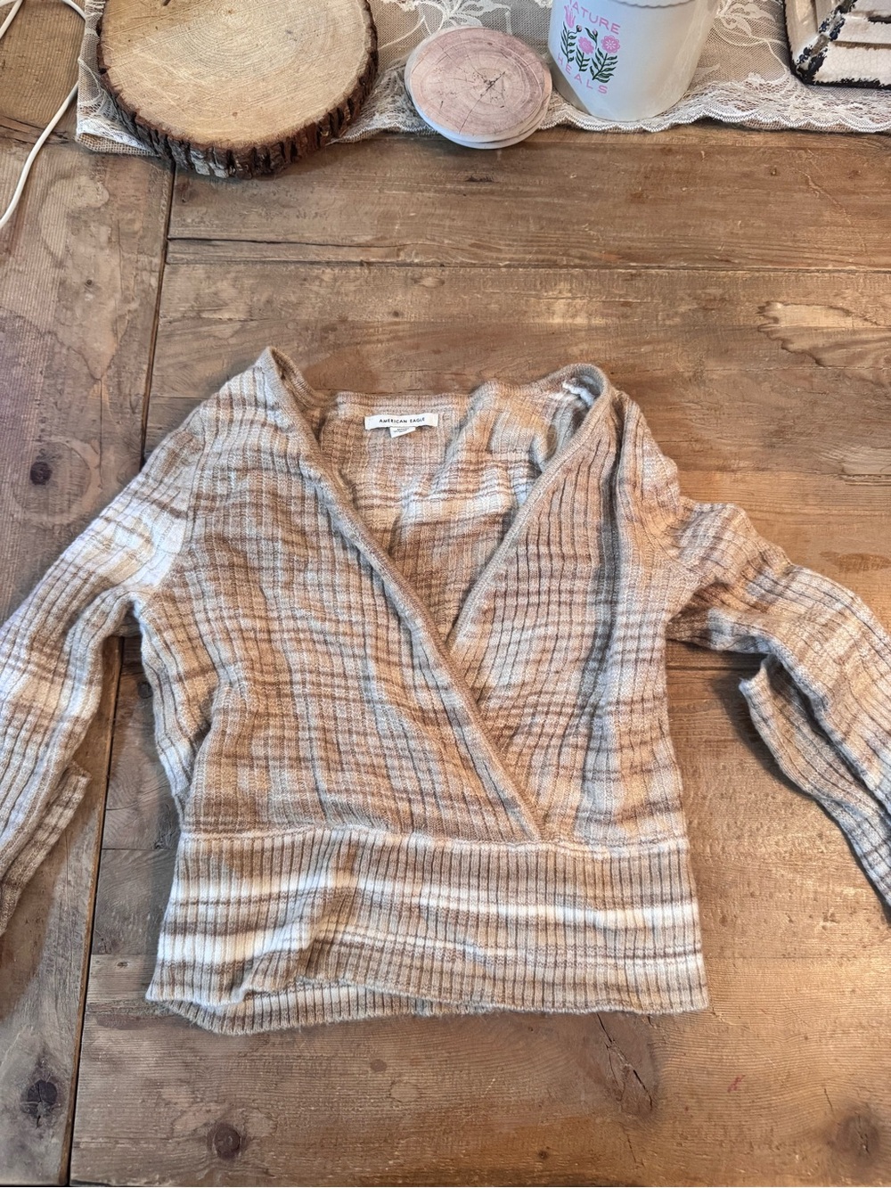 American Eagle Outfitters Beige & Cream Ribbed Wrap Sweater